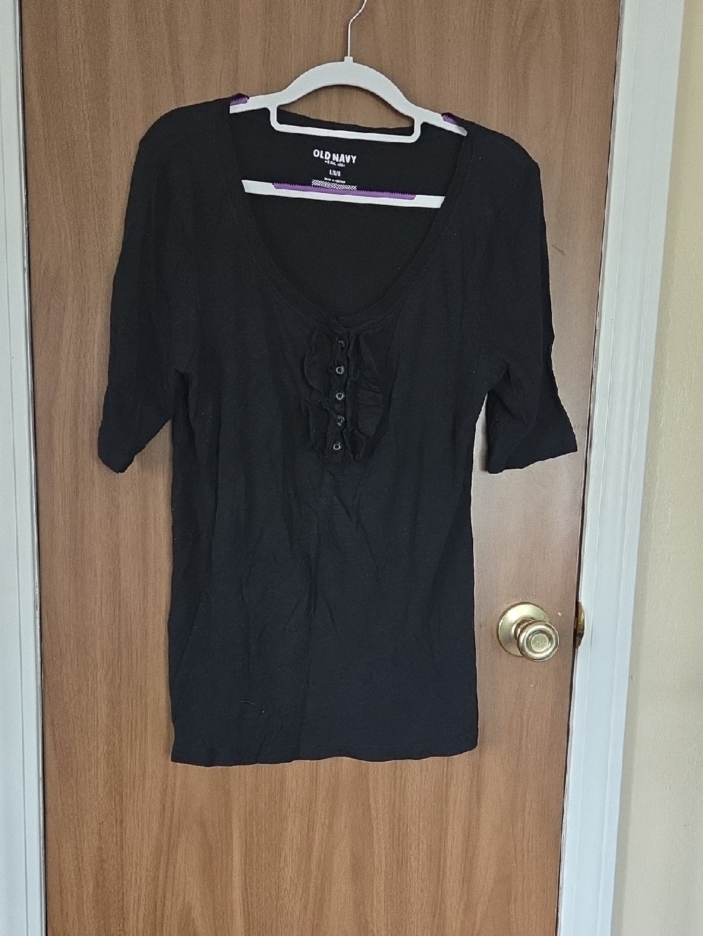 Old Navy Black Scoop-Neck Ruffle Button Front Top